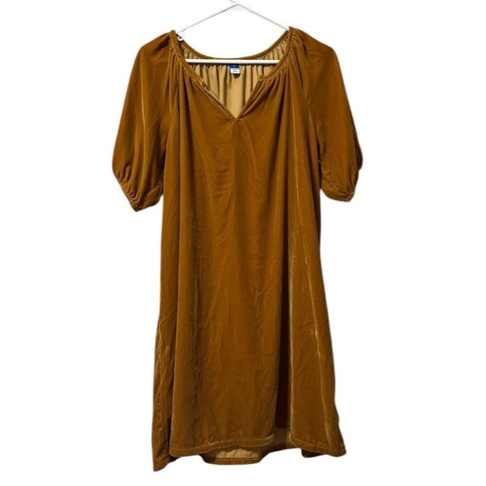 Old Navy Brown Gold Velvet Shift Dress Short Puff Sleeve Knee Length Size XS